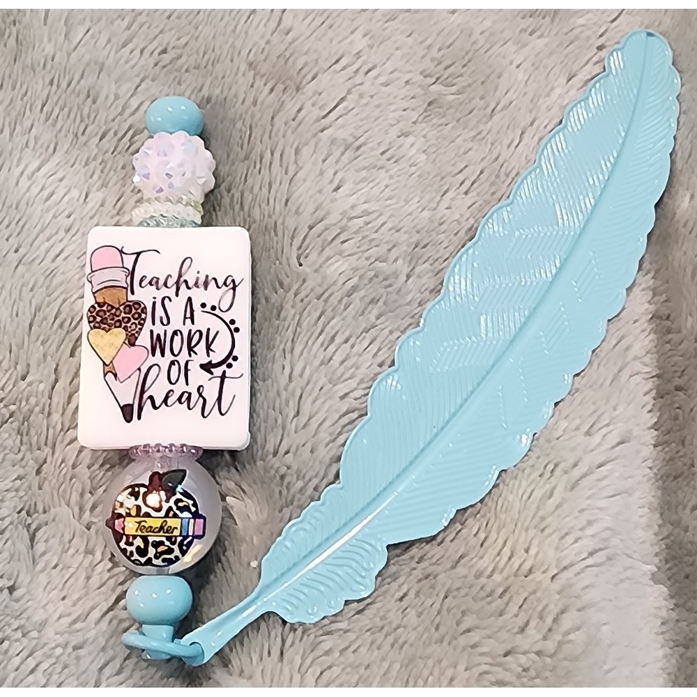 Teaching Is A Work Of Heart Teacher Beaded Bookmark Blue Feather‎
